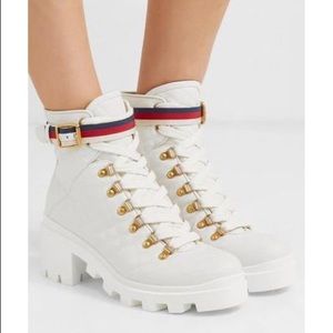 Gucci White Quilted Leather Combat Boot With Belt